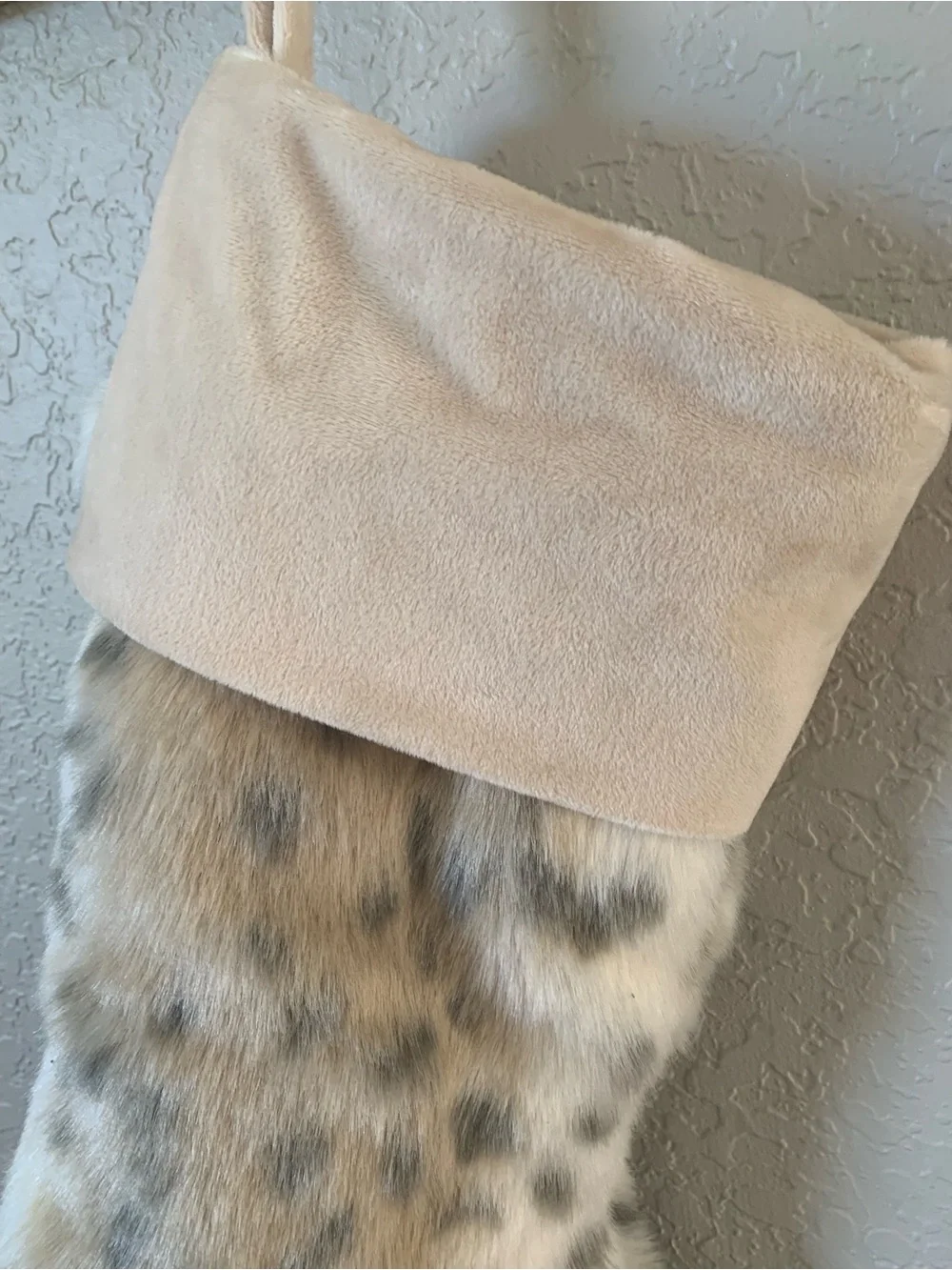 Pottery Barn Teen Faux Fur Holiday Stocking in Cream and Tan Leopard pattern